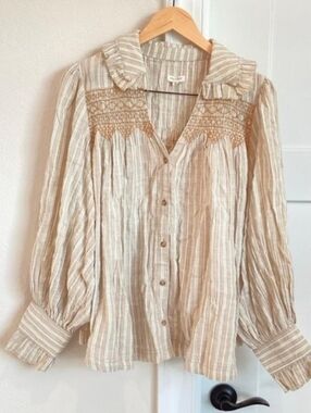 Woven Button-Front Women's Top in Cream with Embroidered Yoke L XL Oversized